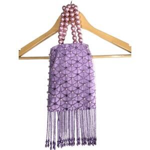 Retrofete Purse Beaded Fringed Embellished Handbag  Pearl Handles Lilac Purple